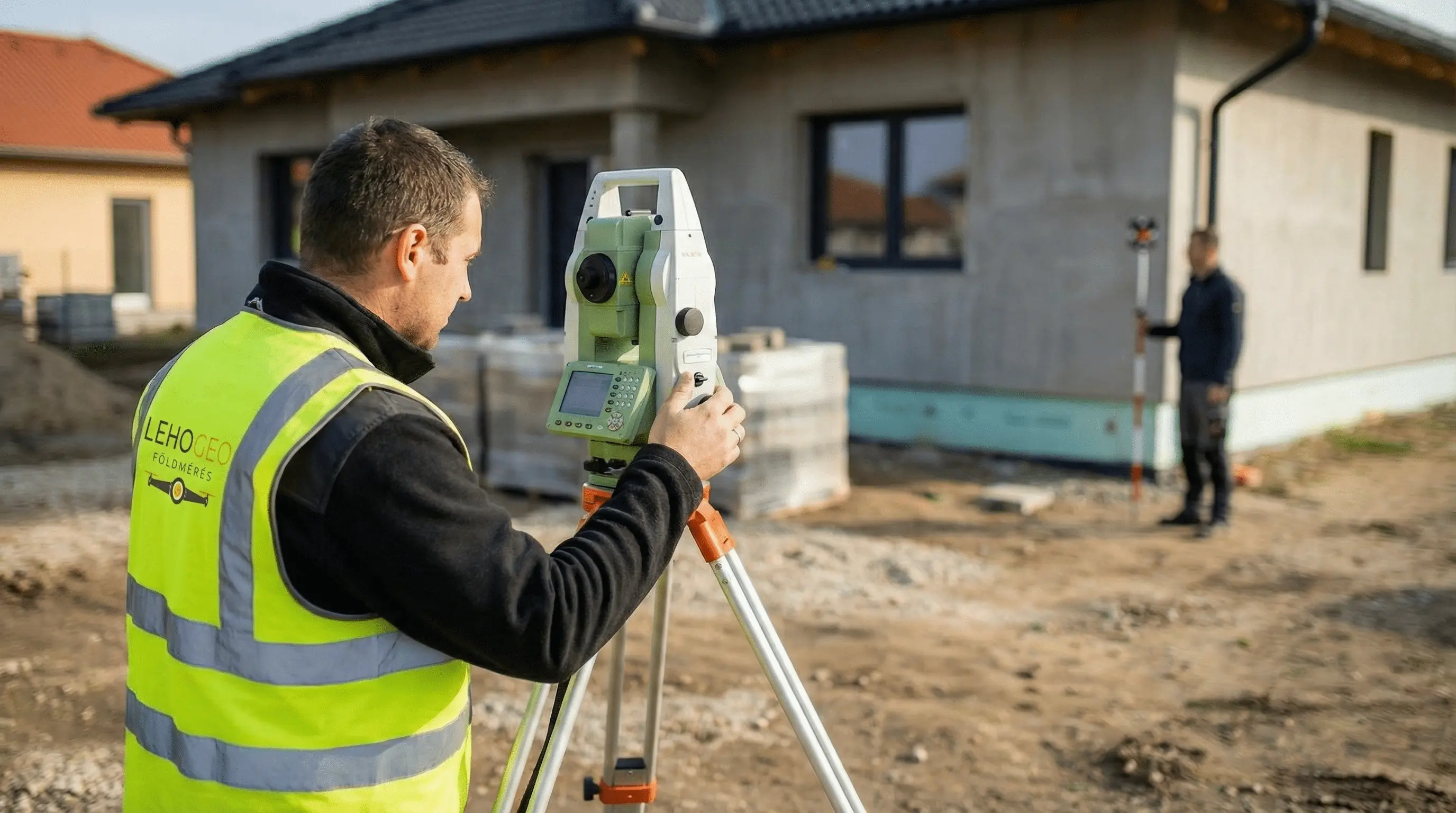 Profi földmérő végzi az épületfeltüntetéshez szükséges centiméter pontos terepi felmérést egy újépítésű családi háznál.