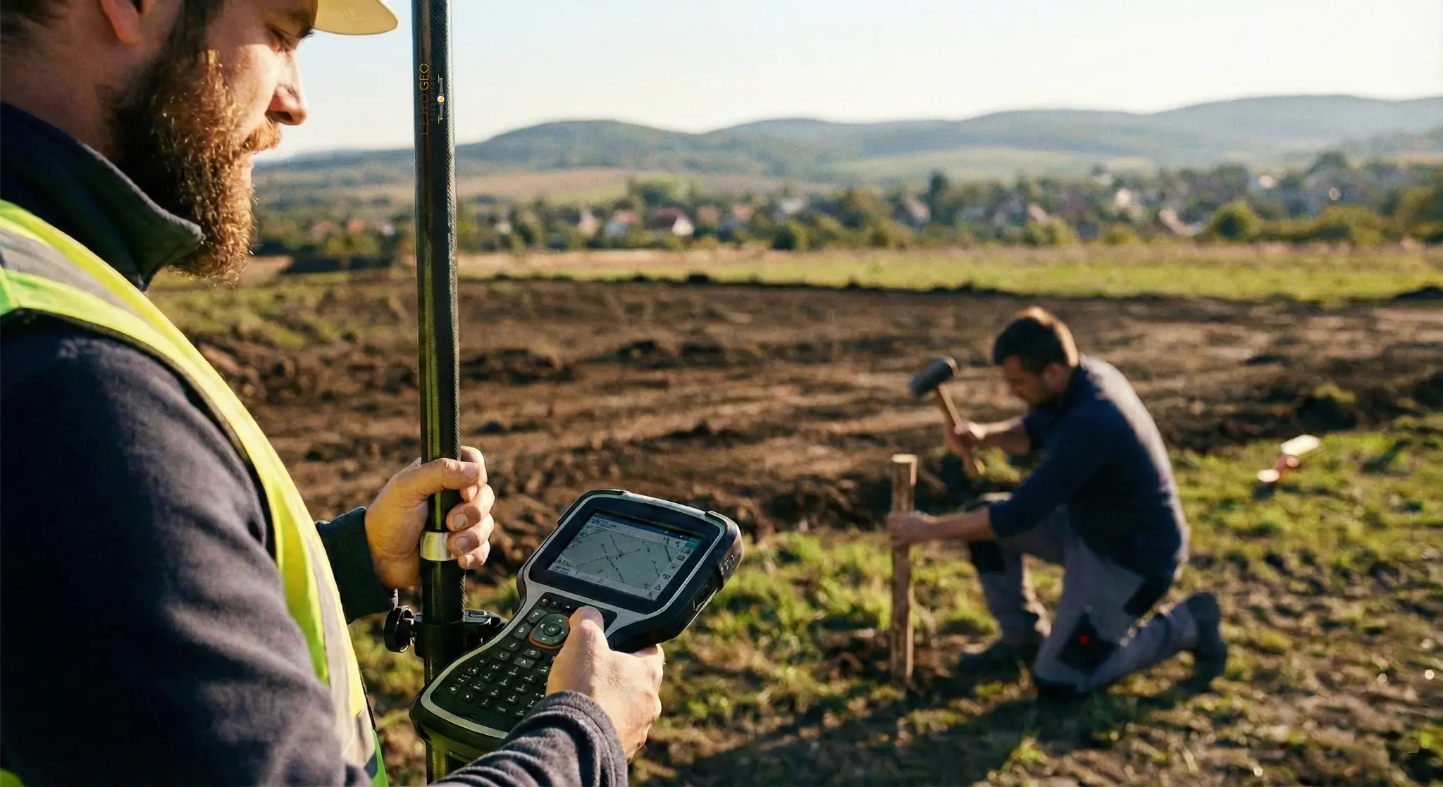 Földmérő szakember telekhatár kitűzést végez: határpont megjelölése és mérése GNSS vevővel.