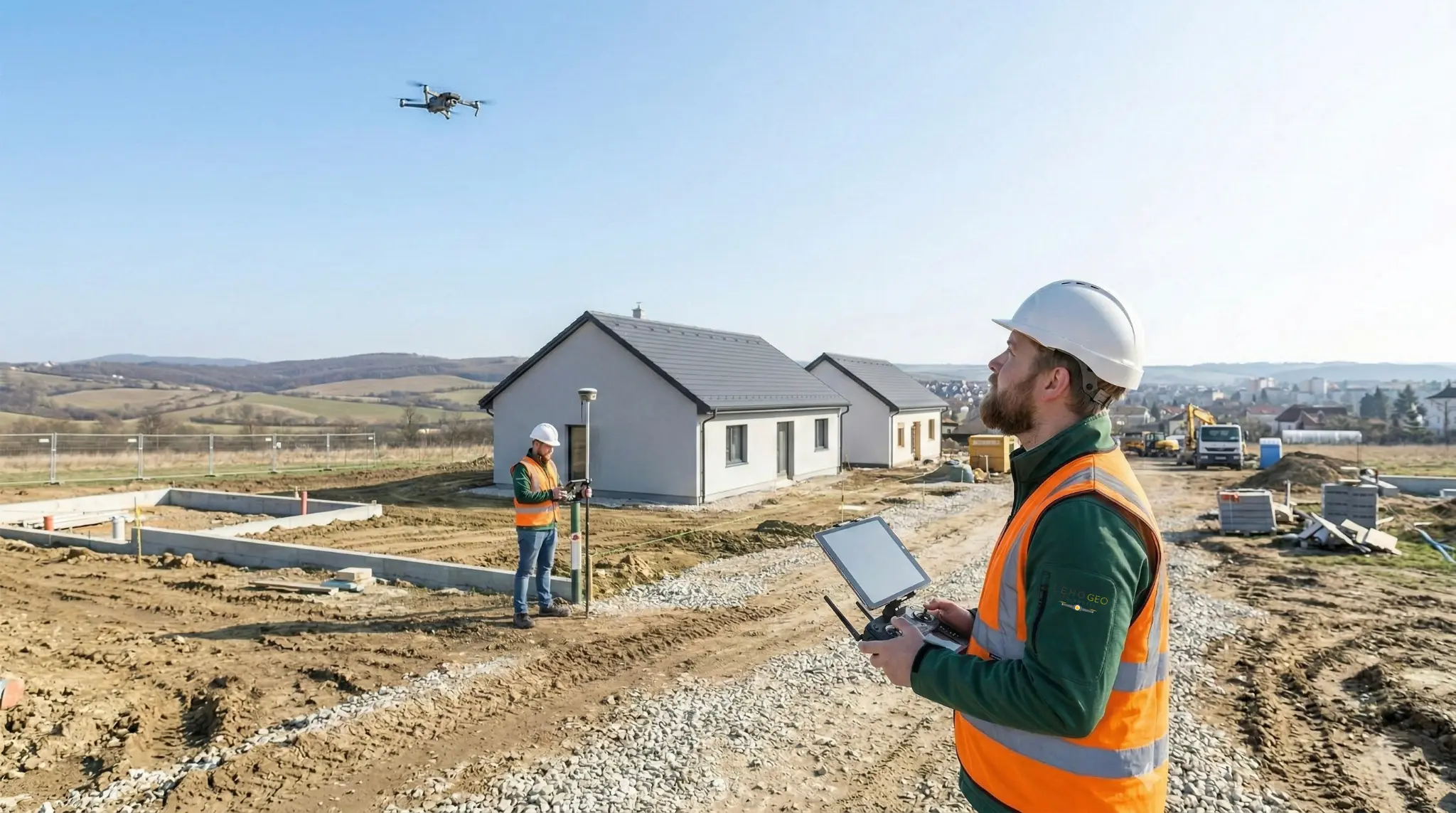 Modern geodéziai felmérés folyamata: drónos és GNSS technológia alkalmazása építési területen.